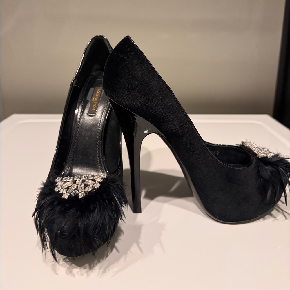 Louis Vuitton suede heels with feather and rhinestone detail